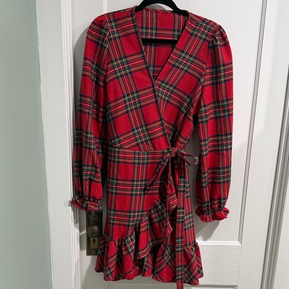 Plaid Wrap Dress in Red, Black and Green - Picture 2 of 4